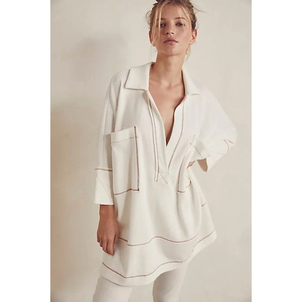 Free People - White Oversized Waffle Shirt
